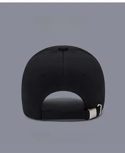 Detailed back view of a black baseball cap featuring a premium silver metal adjustment buckle