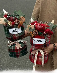 Close-up of Christmas gift bouquet with red plaid fabric, fresh apple, and pine cones