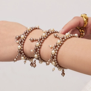 Multilayer beaded wrap bracelet with bronze metal beads and lustrous white pearls