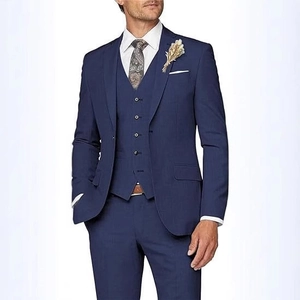 Men's slim fit navy blue three-piece business suit with jacket, vest and formal trousers
