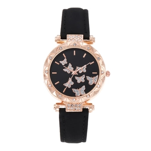 Chic women's watch with rose gold case, butterfly dial, and black leather strap