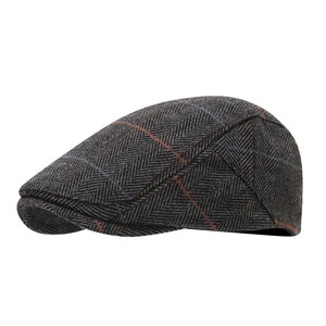 Classic dark grey herringbone newsboy cap with orange windowpane plaid for men