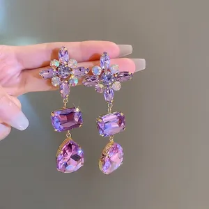 Purple Crystal Rhinestone Flower Water Drop Earrings With 925 Sterling Silver Earring Post Fashion For Women