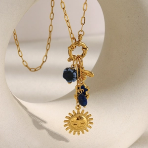 Vintage Sun Face And Bee Pendant Necklace 18K Gold Plated Stainless Steel Paperclip Chain Blue Flower Jewelry For Women
