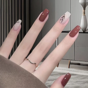 Glossy Coffin Press On Nails Heart Love Pattern Milky White Dark Red Artificial Fingernails For Women Daily Manicure Wear
