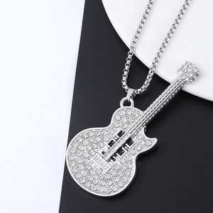 Hip hop silver guitar pendant necklace with full rhinestones on box chain for musicians