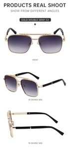 Three-angle view of gold pilot sunglasses with gray lenses and double bridge details