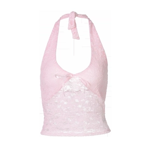 Detail of pink lace halter top featuring a satin bow and intricate floral mesh texture