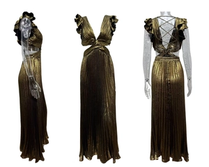 Three-way view of a gold metallic pleated long dress with backless tie and deep V-neck