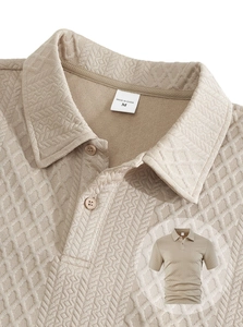 Detailed close-up of khaki textured jacquard fabric on a men's short-sleeve polo shirt