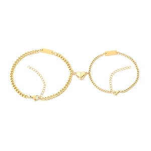Polished gold magnetic heart couple bracelet set with engravable rectangular bar tags