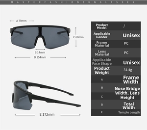 Detailed size chart and technical specifications for sports cycling sunglasses