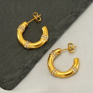 18K gold plated stainless steel C-shaped hoop earrings with sparkling crystal pavé setting