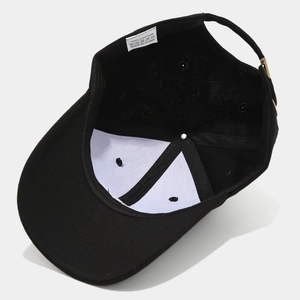 Detail of 100% cotton baseball cap showing internal structure and metal buckle