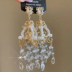 Luxurious French vintage crystal tassel drop earrings with pearls in gold finish