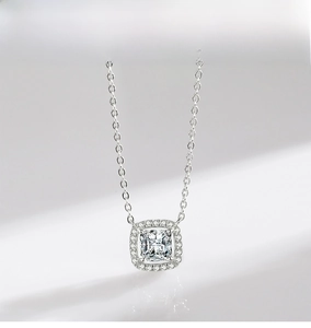 Close-up of S925 sterling silver necklace featuring a sparkling princess cut square zircon