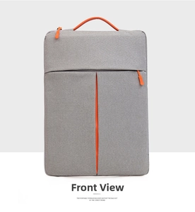 Front view of a minimalist grey laptop sleeve with vibrant orange accents and handle