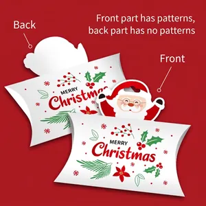 Christmas pillow gift box with Merry Christmas text and Santa Claus tag on red background