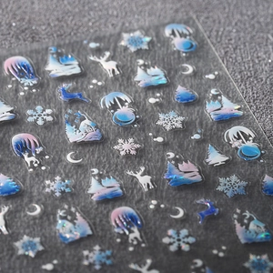 Winter forest laser nail stickers with snowflake, elk and fir tree pattern in 3D iridescent