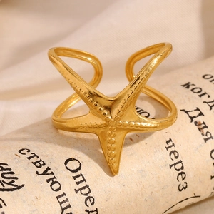 Bague ouverte étoile de mer dorée en acier inoxydable plaqué or 18 carats pour femme