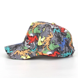 Kids baseball cap with colorful dinosaur prints and ROAR text in dark grey cotton