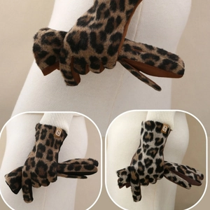 Women Leopard Print Suede Warm Gloves Winter Windproof Touch Screen Cotton Thickened Outdoor Driving Mittens