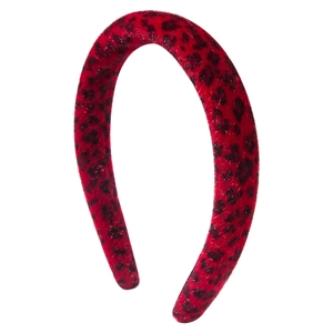 Fuzzy leopard print headband in red and black plush fabric for autumn winter fashion