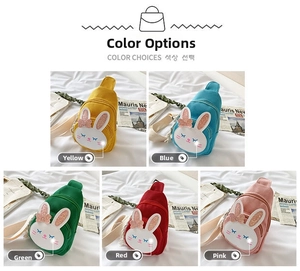 Detailed view of kids cartoon rabbit chest bags in yellow blue green red and pink colors