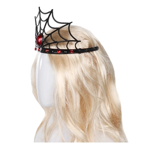 Detail view of a black spider web crown with red rhinestones on a mannequin head