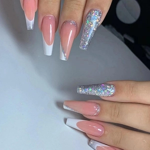 Long Coffin Artificial Nails French Tip White Silver Glitter Nude Pink Ballerina Shape Glossy Press On Nails