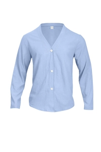Detail of the knit texture and cotton label on a light blue men's button-up cardigan