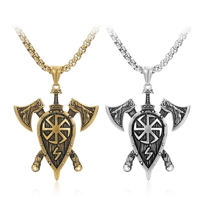 Viking Axe Shield Necklace Stainless Steel Nordic Retro Slavic Symbol Pendant Pirate Punk Hip Hop Jewelry For Men