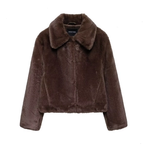 Women Faux Fur Jacket Lapel Zipper Short Coat Long Sleeve Warm Fashion Outwear Dark Brown Solid Casual