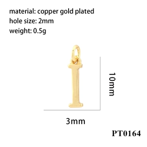 Detailed view of gold-plated copper letter I pendant with precise size measurements