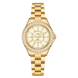 Luxuriöse Damen-Quarzuhr in Gold mit kristallbesetzter Lünette und Metallarmband