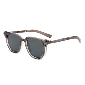 Classic double bridge square sunglasses with translucent grey frames in 45-degree view