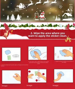 Instruction guide for applying Christmas window stickers with festive reindeer and snowflake icons