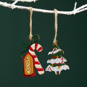 7cm vintage wooden Christmas tree and candy cane ornaments hanging on rustic white branches