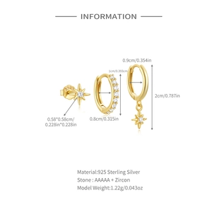 Detailed view of gold S925 silver earring set with star studs and zircon hoops specifications