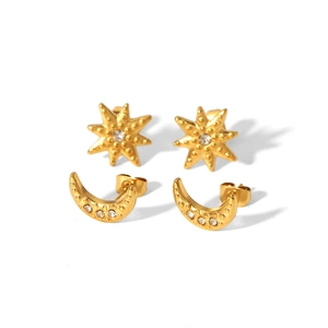 Ensemble de boucles d'oreilles étoiles et lune en acier doré serties de cristaux