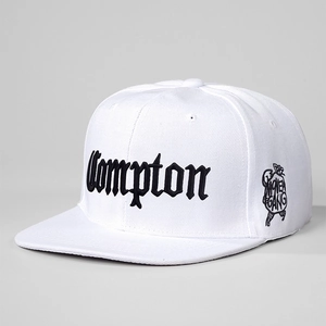 Detail of Compton 3D embroidery and Money Gang patch on white snapback hip hop cap