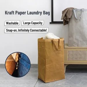 Washable kraft paper storage basket with handles in brown and grey for home laundry use