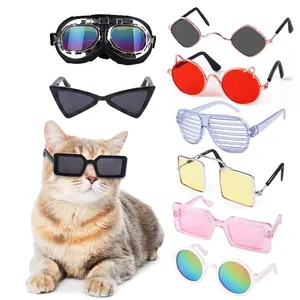 Cute pet sunglasses set featuring cat-ear and round frames in various vibrant colors