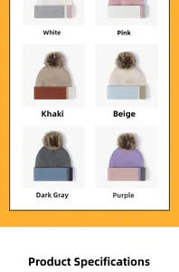 Matrix display of colorful knit beanies with faux fur pom-poms in various autumn tones