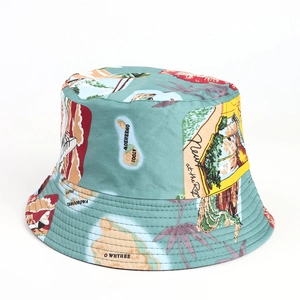 Detail of vintage Hawaii map print bucket hat showing turquoise fabric and reinforced stitching