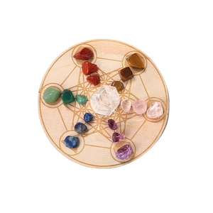 Natural crystal stone set with wooden sacred geometry base and colorful gemstone spheres