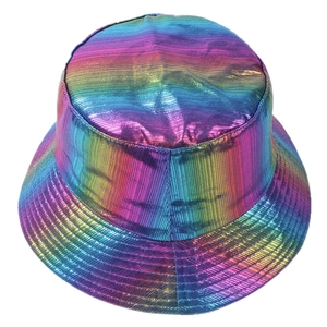 Rainbow gradient faux patent leather bucket hat with a metallic holographic finish