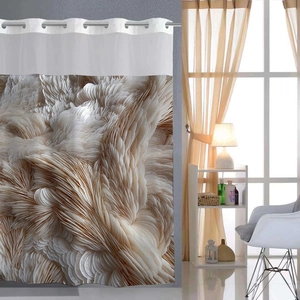 Detailed macro view of 3D feather texture on waterproof shower curtain with metal grommets