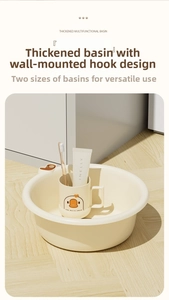 Detail showing thickened beige washbasin with heart wall-hanging hole and cartoon cup