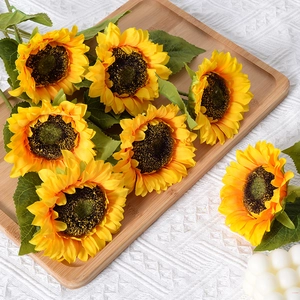 Artificial 6-head yellow sunflower bouquet on a wooden tray for home and wedding decor